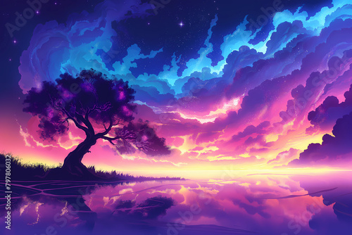 psychedelic dreamworld with a magic sunset and a tree and cosmic sky, fantasy wallpaper art photo