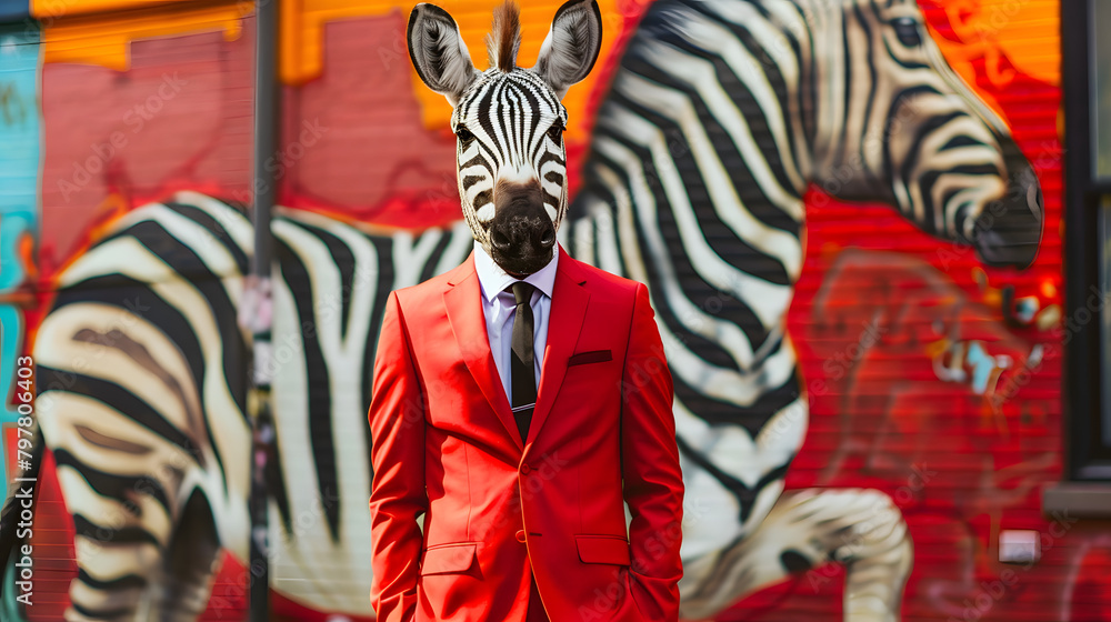 Obraz premium full body shot of anthropomorphic zebra red suit and black tie. photo-realistic