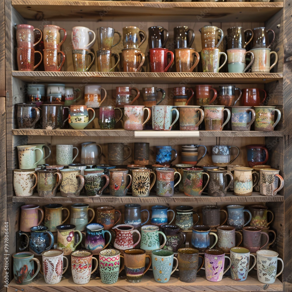 Extensive Assortment of Unique and Colorful Handcrafted Mugs on Wooden Shelves