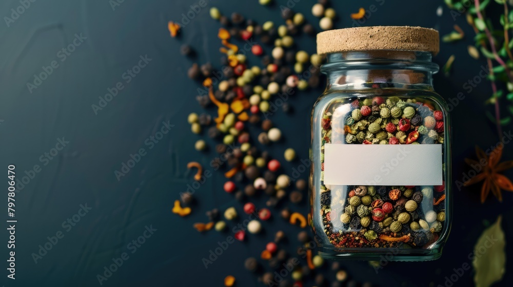 Glass Jar with White Label, Spices on Black Background Glass Jar with White Label, Spices on Black Background