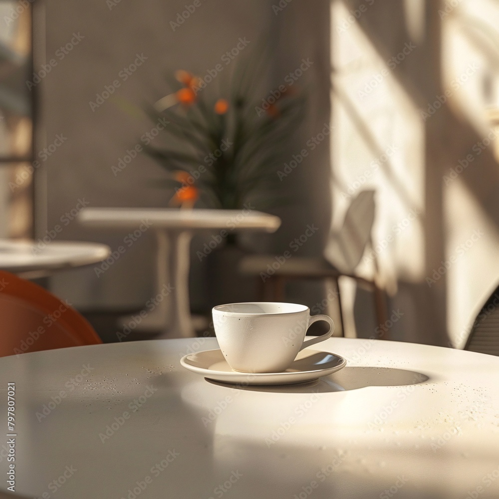 Single White Espresso Cup in Sunlit Modern Cafe Single White Espresso Cup in Sunlit Modern Cafe