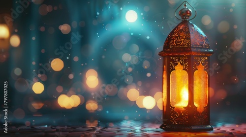 Illuminated traditional lantern on a reflective surface with sunset bokeh backdrop. 
