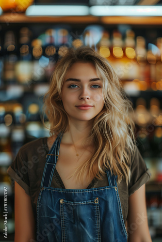 A Caucasian female employee in an apron manning the liquor shelves in a department store is looking confidently at the camera.