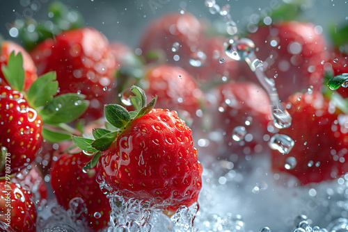 washing fresh strawberries in clear water with dinamic splashing water photo