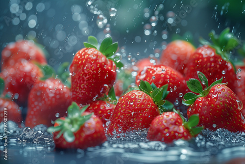 washing fresh strawberries in clear water with dinamic splashing water