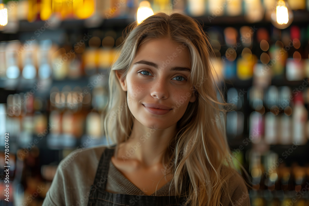 A Caucasian female employee in an apron manning the liquor shelves in a department store is looking confidently at the camera. A Caucasian female employee in an apron manning the liquor shelves in a department store is looking confidently at the camera.