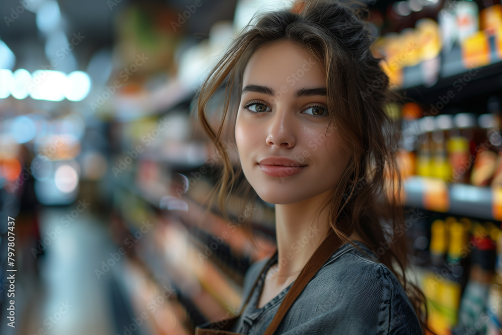 A Caucasian female employee in an apron manning the liquor shelves in a department store is looking confidently at the camera.