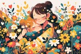 An illustration of a mother and child hugging surrounded by flowers, hearts, and leaves in a cute watercolor clipart
