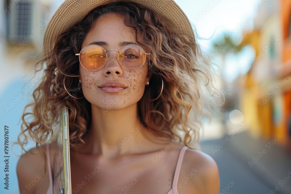 Attractive young skater girl with a skateboard, wearing sunglasses and a straw hat in a picturesque street Attractive young skater girl with a skateboard, wearing sunglasses and a straw hat in a picturesque street