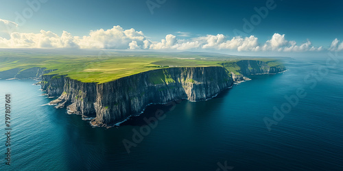 Unbewohnte grüne Insel mit steiler Küste und Himmel von Obenansicht mit der Drohne photo
