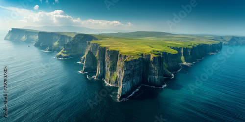 Unbewohnte grüne Insel mit steiler Küste und Himmel von Obenansicht mit der Drohne photo