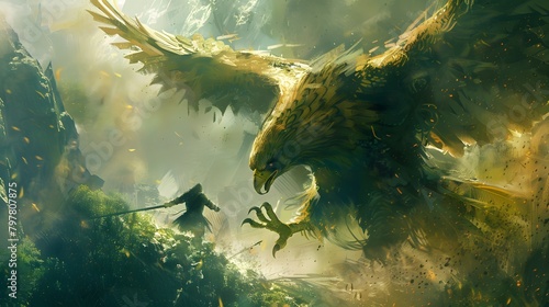 An awe-inspiring scene of a warrior facing a monumental eagle in a vibrant, sunlit forest, invoking a sense of myth and wonder, Digital art style, illustration painting. photo