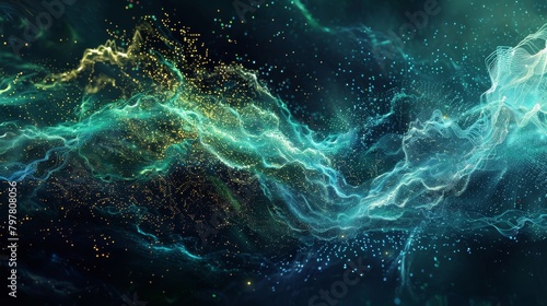 Ethereal digital landscape with glowing neon waves and starry particles. Abstract Technology Background