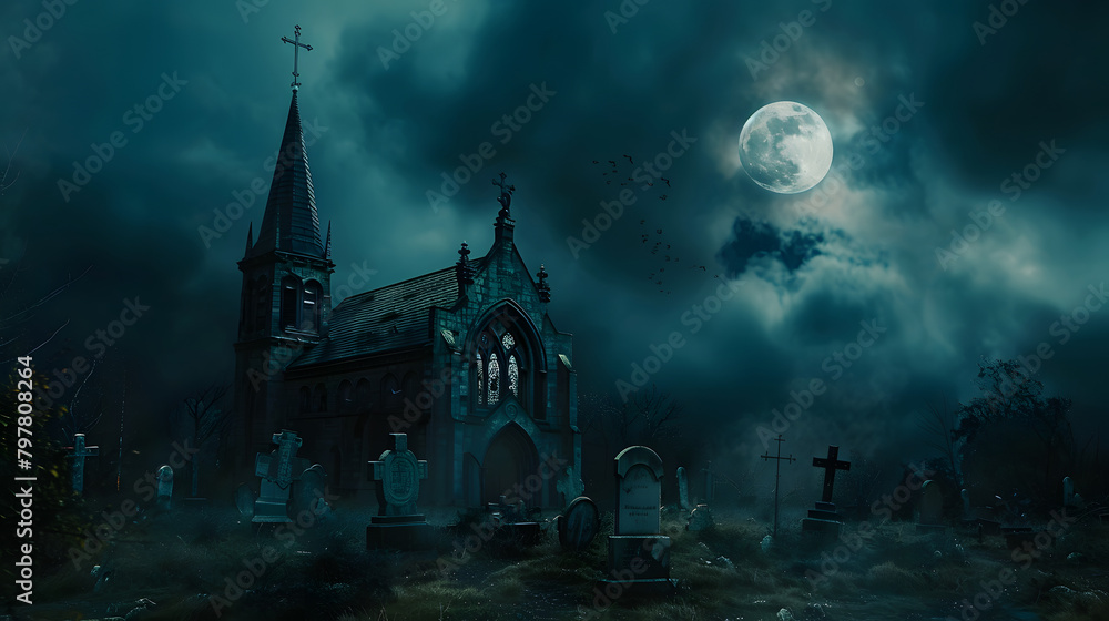 Halloween background with moon. clouds and gothic church in a cemetery on a dark night. Spooky landscape banner for a halloween party or event design template. Scary scene concept 