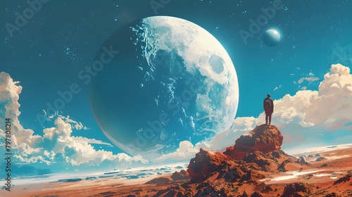 A solitary astronaut stands atop a rocky peak, contemplating a vast terraformed planet with vibrant blue skies and clouds, Digital art style, illustration painting.