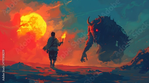 A solitary warrior with a torch confronts a massive horned beast beneath a surreal crimson moon in a desolate landscape, Digital art style, illustration painting.