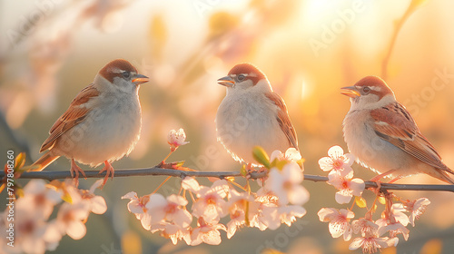 Sparrow birds sitting on the branch in spring garden.