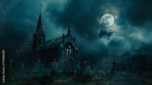 Halloween background with moon. clouds and gothic church in a cemetery on a dark night. Spooky landscape banner for a halloween party or event design template. Scary scene concept 