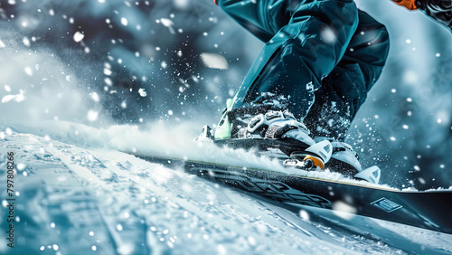 snowboarder doing tricks on the mountain, close up of snowboarder on the snow