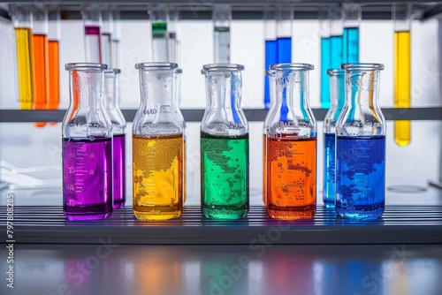 A vibrant display of various colored liquids in laboratory beakers set against a modern scientific backdrop