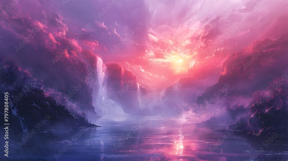 A stunning landscape with cascading waterfalls and lush vegetation under a breathtaking pink sky reflecting on tranquil waters at sunset, Digital art style, illustration painting.