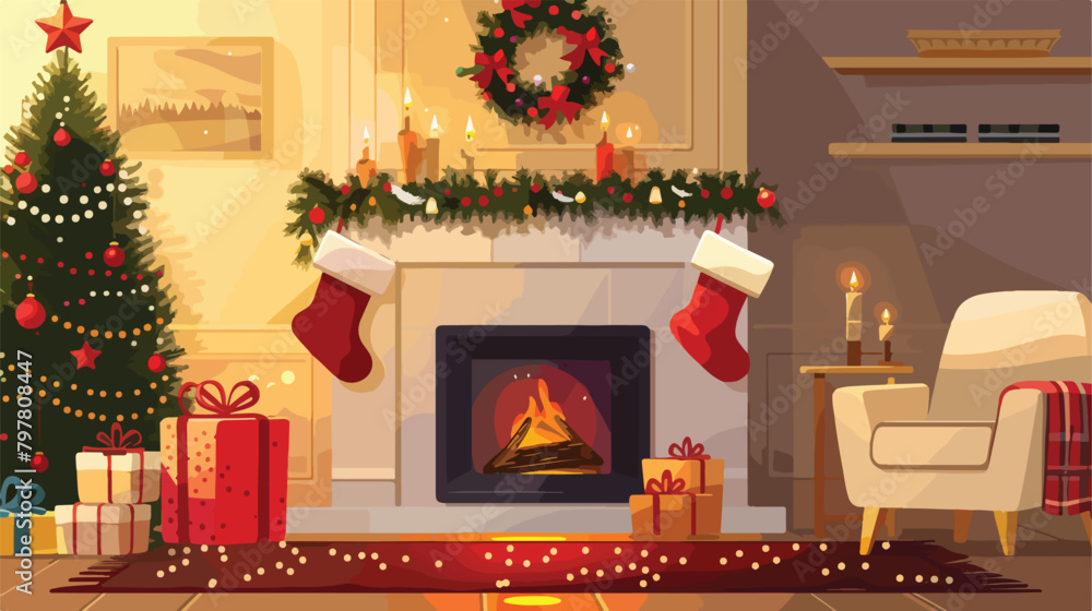 Fireplace with Christmas decor in stylish living room