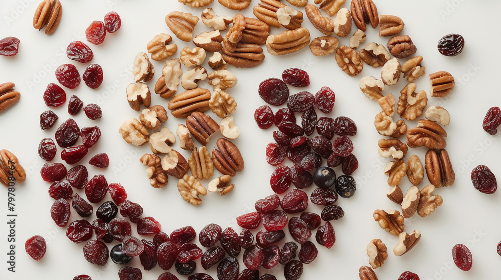 A mesmerizing image of dried cranberries and walnuts arranged in a swirling yin-yang pattern, representing the balance of flavors and textures in healthy snacking. A mesmerizing image of dried cranberries and walnuts arranged in a swirling yin-yang pattern, representing the balance of flavors and textures in healthy snacking.