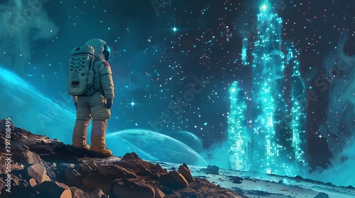 An astronaut on an extraterrestrial surface stares in awe at towering, luminous alien structures emitting a celestial glow under a star-filled sky.