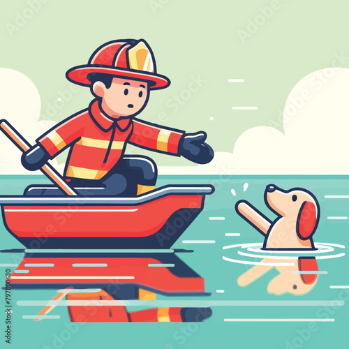 illustration of a firefighter rescuing a drowning dog