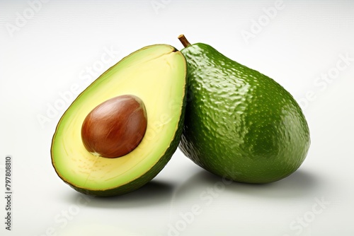 A photo of an avocado cut in half with a brown pit.