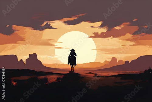 Western landscape with silhouette of a lonely cowboy riding a horse in beautiful midwest scenery.