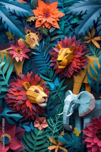 A pride of lions and an elephant made of paper in a jungle setting with flowers and butterflies.
