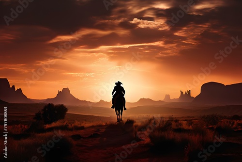 Western landscape with silhouette of a lonely cowboy riding a horse in beautiful midwest scenery.