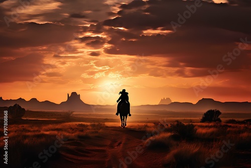 Western landscape with silhouette of a lonely cowboy riding a horse in beautiful midwest scenery. © R-CHUN