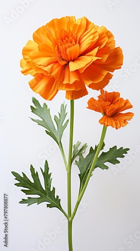 A single orange flower with a stem and leaves on a white background
