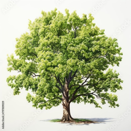 A watercolor painting of a large green tree with a thick trunk and full branches against a white background.