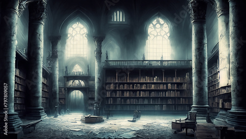 an ancient library with a spooky atmosphere. Generative AI photo