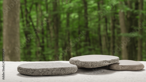 Abstract stone podium with trophical forest background. Generative AI photo