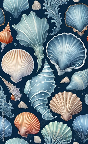 Seamless pattern background inspired by the textures and patterns of the ocean with intricate illustrations of seashells, waves, and sea creatures.