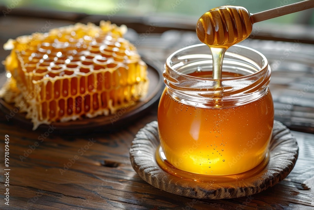 Fresh golden honey drips from a honey dipper into a jar next to a full honeycomb, highlighting natural sweetness and organic produce