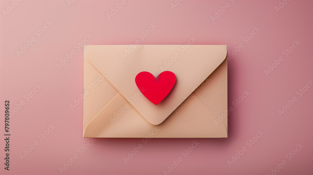 Craft paper envelope with red heart. Romantic love letter