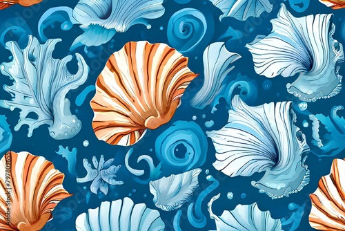 Seamless pattern background inspired by the textures and patterns of the ocean with intricate illustrations of seashells, waves, and sea creatures.
