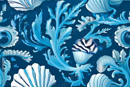 Seamless pattern background inspired by the textures and patterns of the ocean with intricate illustrations of seashells, waves, and sea creatures.