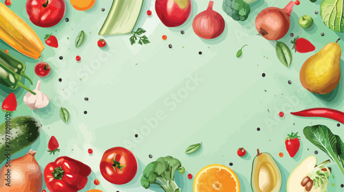 Frame made of fruits and vegetables on pale green background