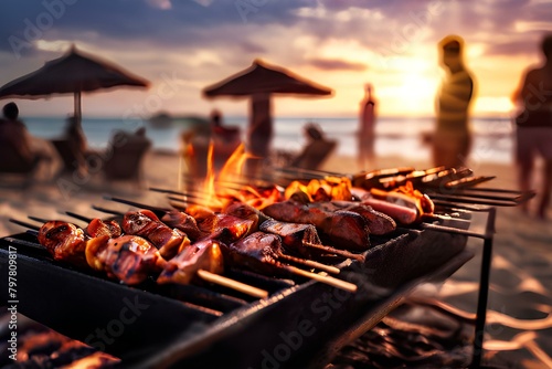 Summer bbq concept image with skewers on a hot barbecue on the beach with people in background. photo