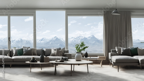 Big living room with big window and tropical landscape. Generative AI © Fuji