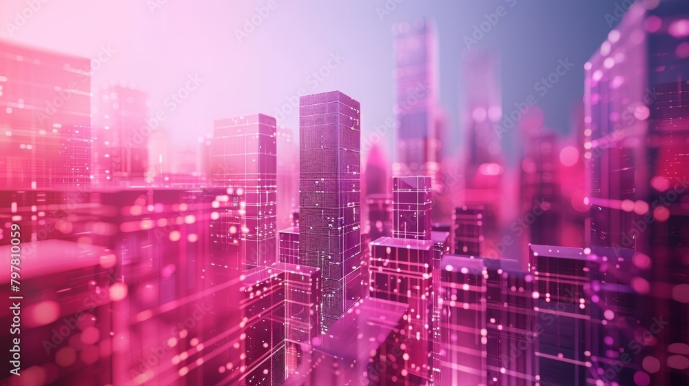Futuristic cityscape bathed in magenta and blue digital light. Abstract Technology Background
