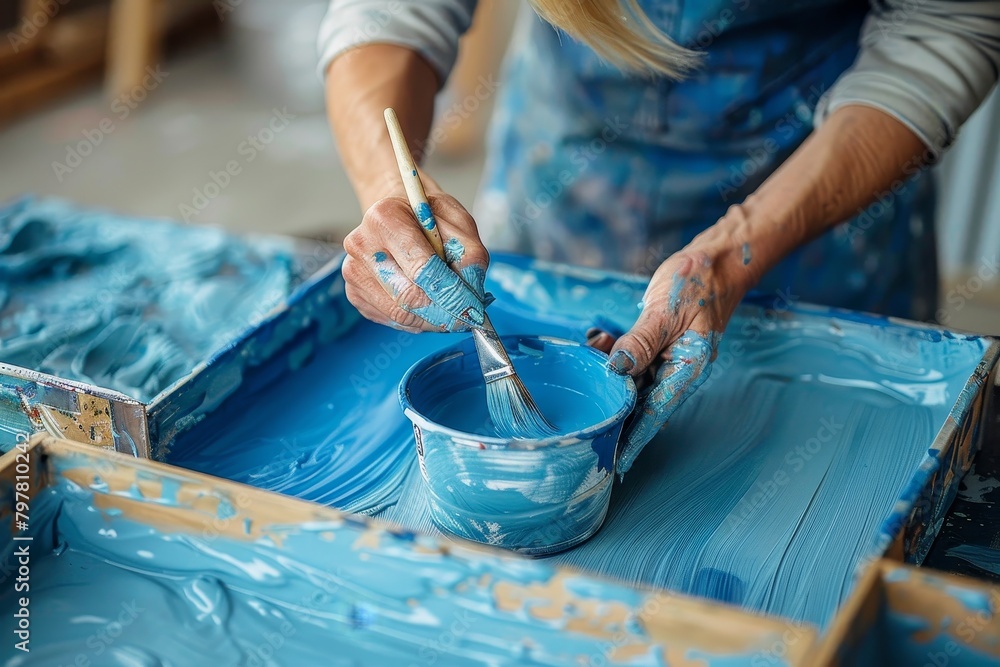 Obraz premium An artist mixes various shades of blue paint on a wooden palette with a paintbrush, showcasing the creative process