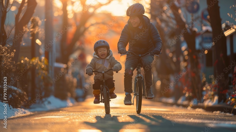 Obraz premium Children ride bicycles with their parents