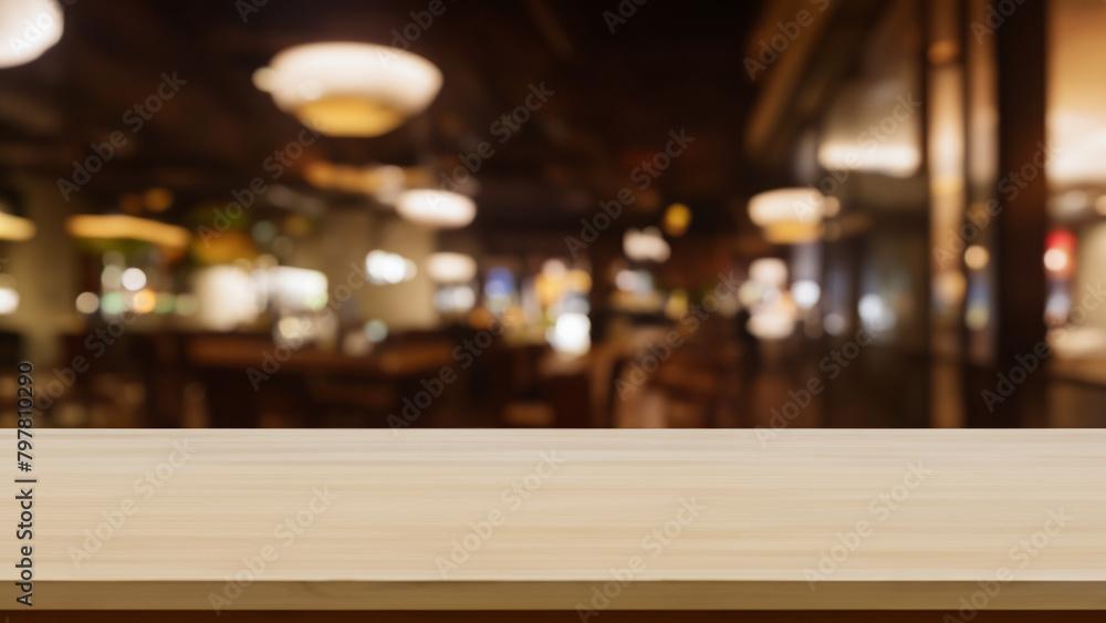 empty table top and blur of room on a blur Night Cafe and resto decoration background. Generative AI empty table top and blur of room on a blur Night Cafe and resto decoration background. Generative AI